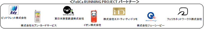 FeliCa RUNNING PROJECT パートナー ビットワレット株式会社、株式会社セブン・カードサービス、東日本旅客鉄道株式会社、イオン株式会社、株式会社エヌ・ティ・ティ・ドコモ、株式会社ジェーシービー、フェリカネットワークス株式会社